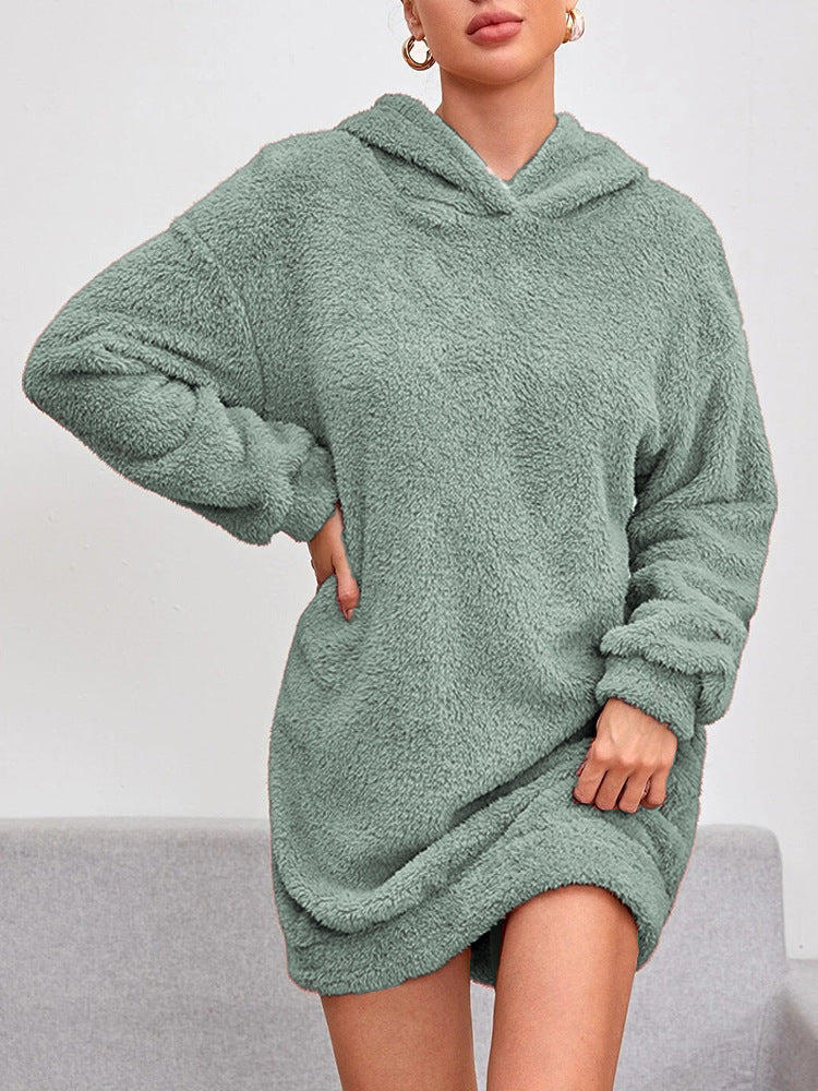 Damen Hoodie-Kleid Weich Kapuze Mit Taschen