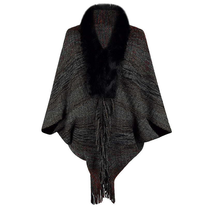 Damen Poncho Elegant Kunstfell Kragen Frauen Mantel