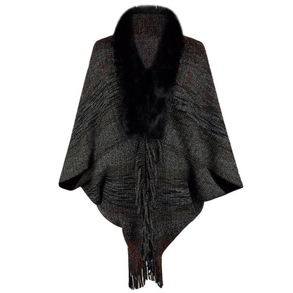 Damen Poncho Elegant Kunstfell Kragen Frauen Mantel