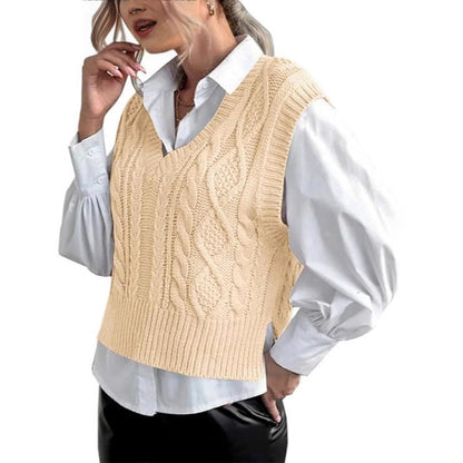 Damen Strickweste V-Ausschnitt Zopfmuster Elegantes Design