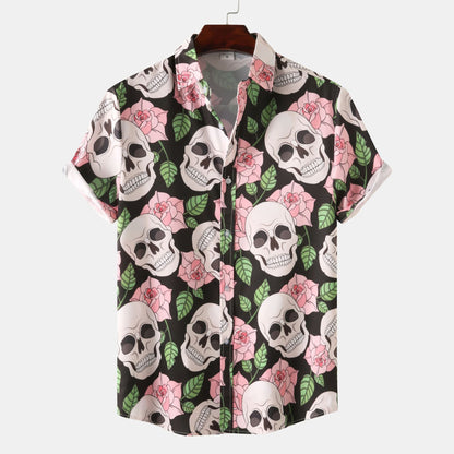 Herren T-Shirt Totenkopf Blumen Trendy Sommer