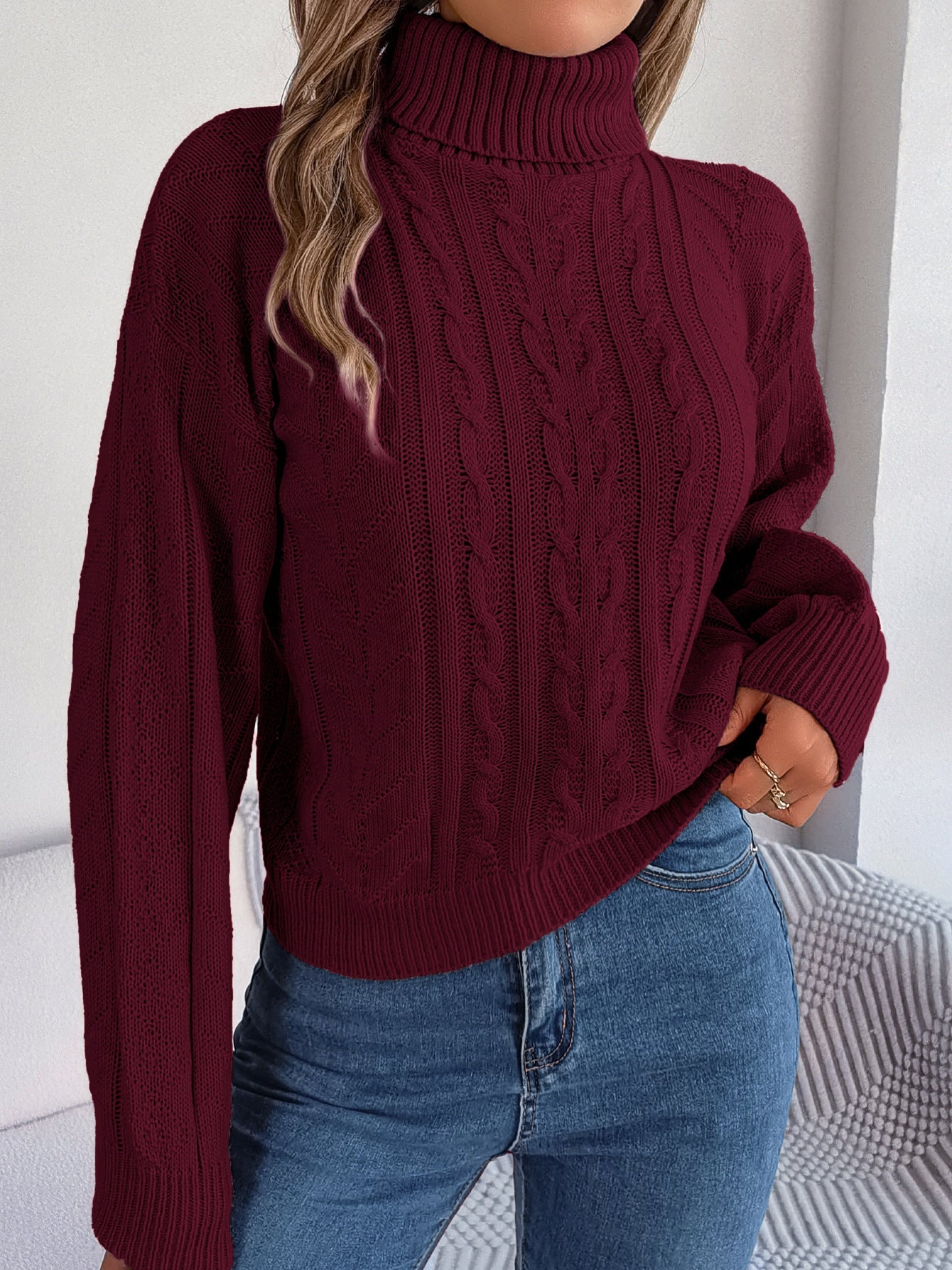 Damen Strickpullover Stehkragen Zopf Muster