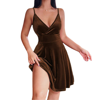 Damen Luxus Samtkleid A-Linie Tiefes Dekolleté