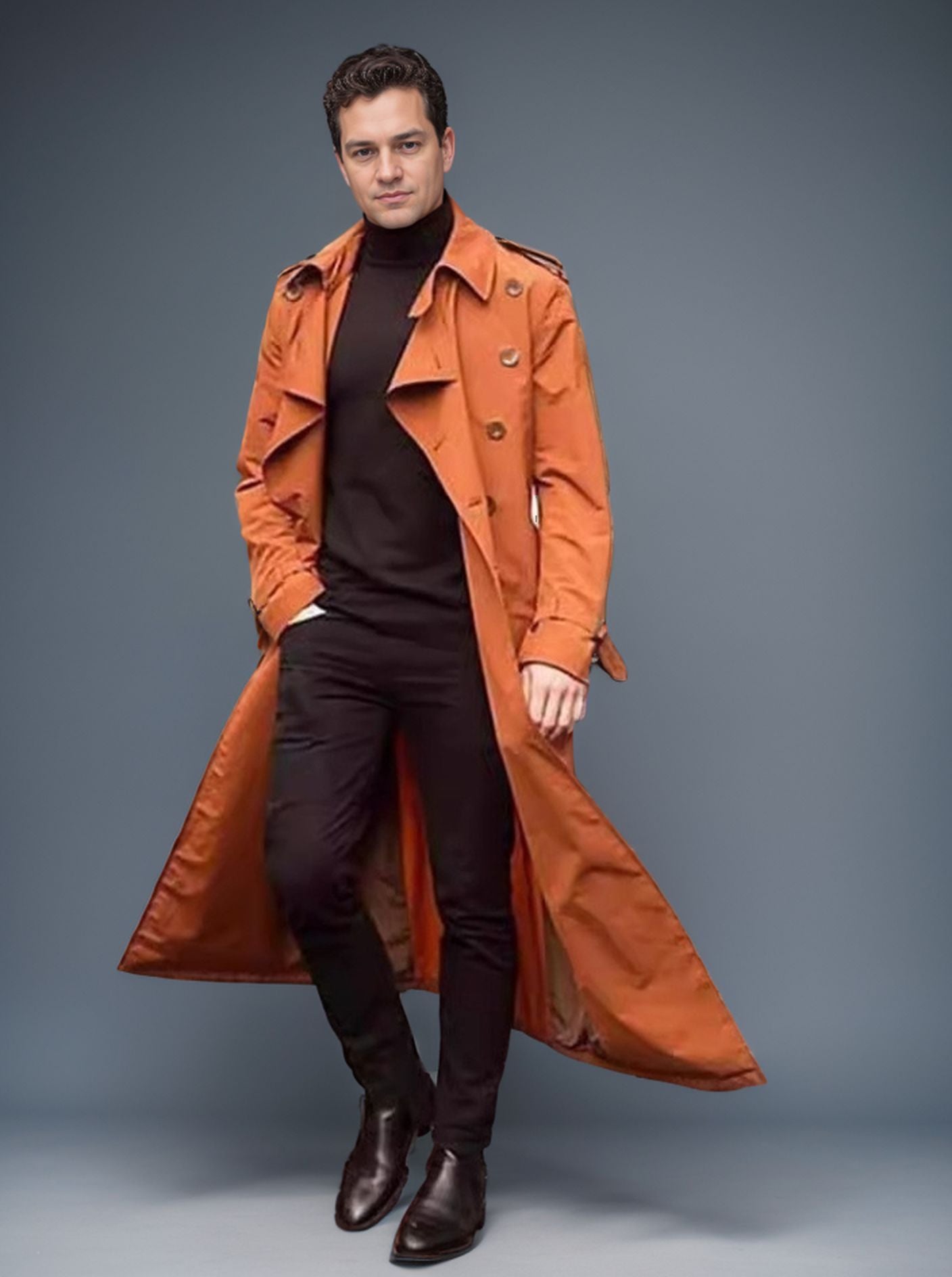 Herren Trenchcoat Lang Elegant Mit Taschen