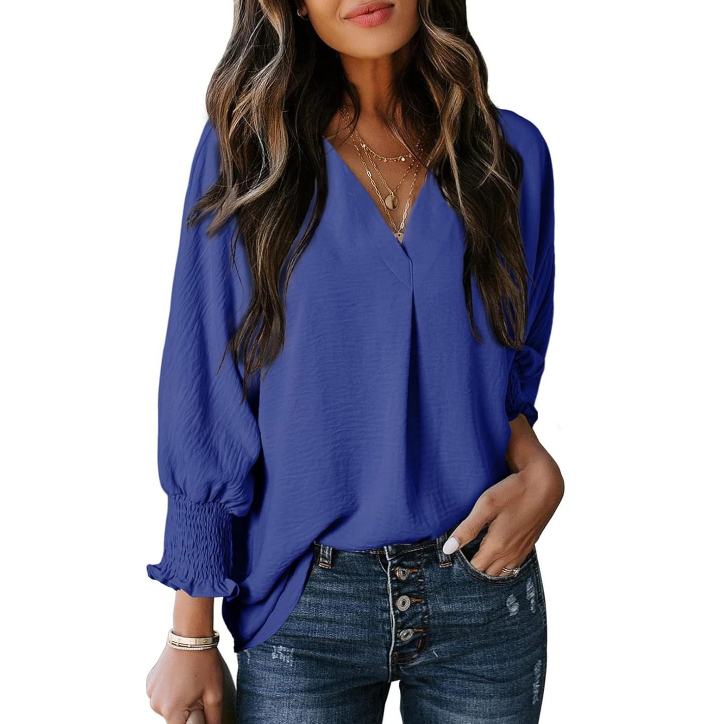 Damen Bluse V-Ausschnitt Rüschendetails Elegant