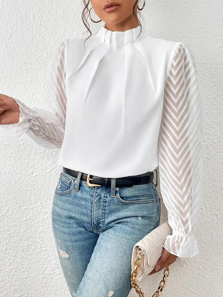Elegante Bluse Damen Plissierter Kragen Durchsichtige Ärmel