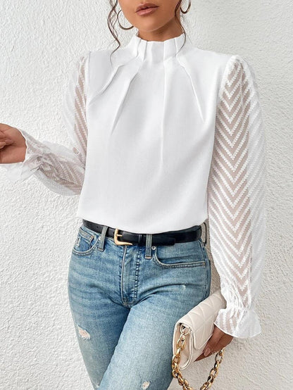 Elegante Bluse Damen Plissierter Kragen Durchsichtige Ärmel