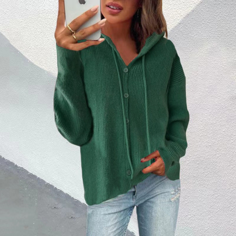Damen Strickjacke Kapuze Knopfleiste Elegante Oberbekleidung