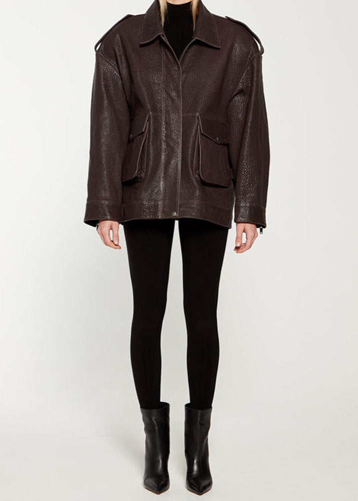Dunkelbraune Lederjacke Mitpraktischen Taschen - IdealeKleiden