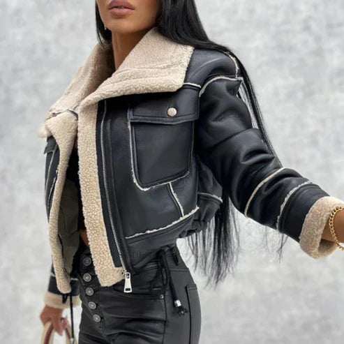 Stilvolle Lederjacke Schwarz Teddyfutter Frauen