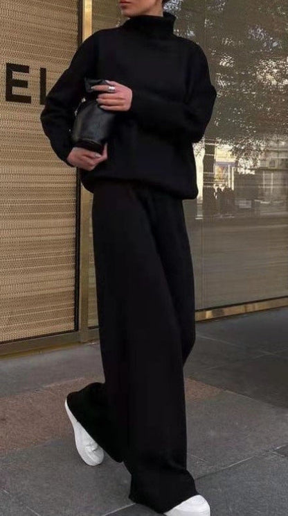 Damen Strickanzug Elegant Hochkragen Weite Beine