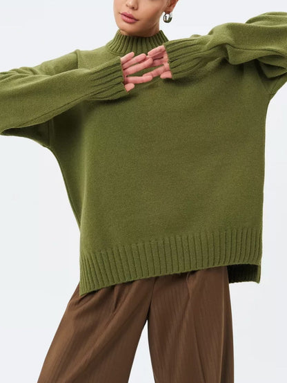 Übergrößer Pullover Gerippt Semi Hoher Kragen