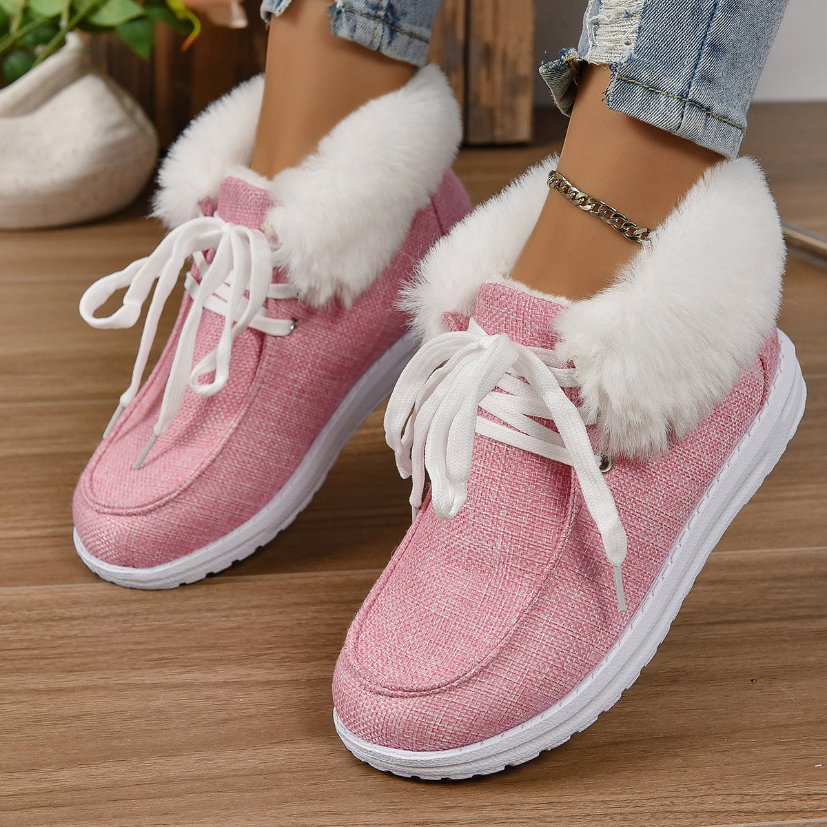 Damen Sneaker Bequem Plüschkragen Rutschfest