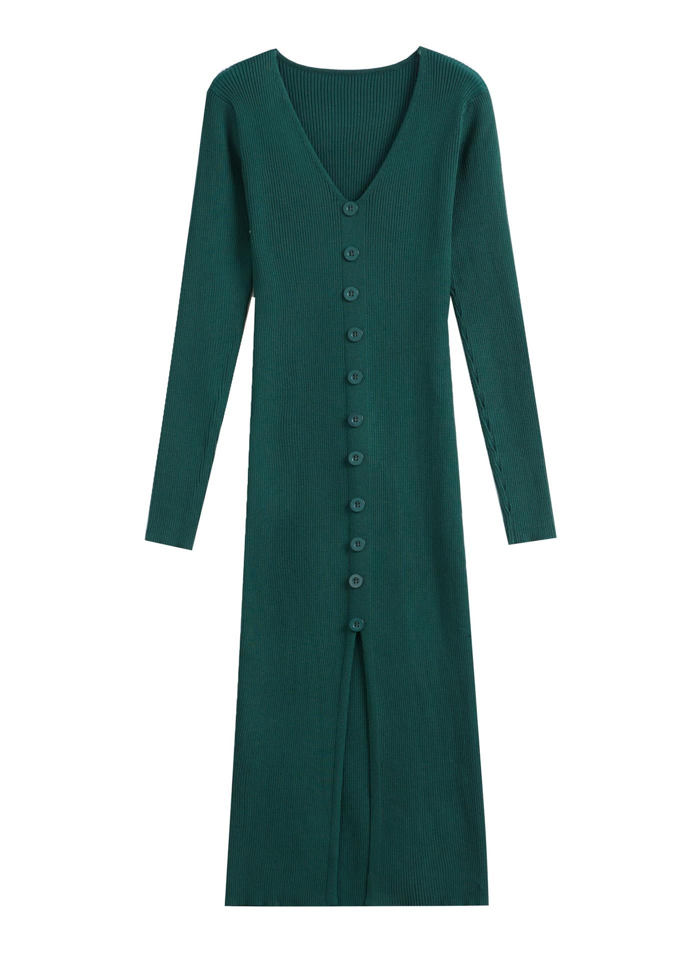 Damen Maxikleid Langarm Rippmuster Elegant Knopfdesign