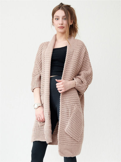 Oversized Strickjacke Offen Vorne Große Taschen