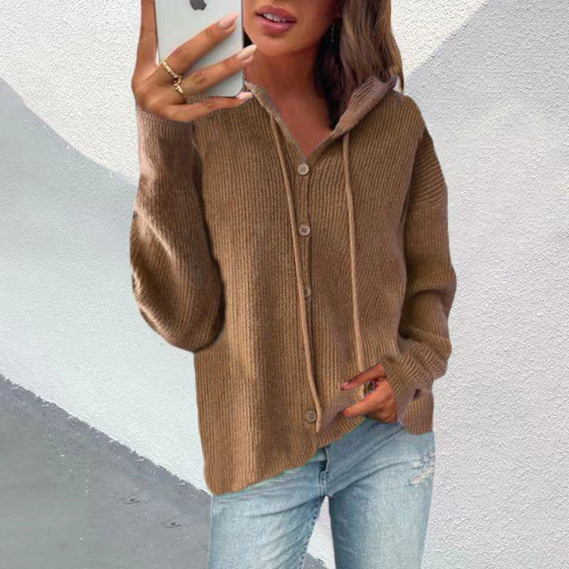 Damen Strickjacke Kapuze Knopfleiste Elegante Oberbekleidung