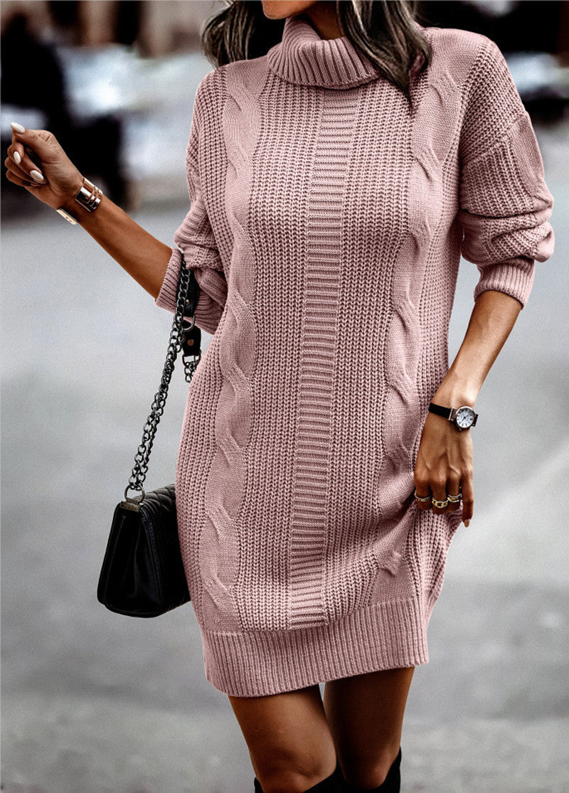 Damen Strickkleid Hochkragen Kordel Muster Eleganz