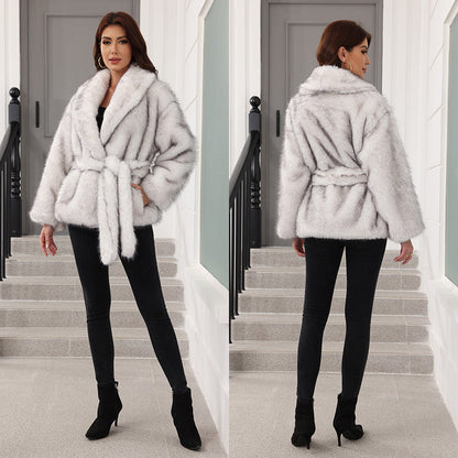 Damen Kunstpelz Mantel Chic mit Gürtel und Weitem Kragen