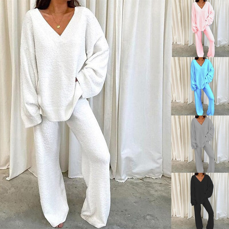 Damen Fleece Lounge Set V-Ausschnitt Komfort Wear - IdealeKleiden