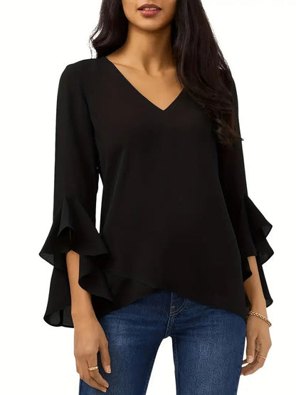 Damen Bluse Elegant V-Ausschnitt Rüschendekolleté
