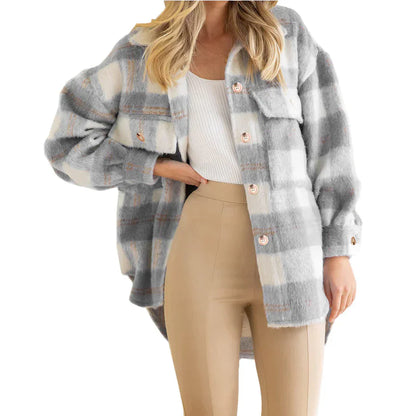 Stylischer Wollmantel Damen Karo Wintermantel Lang