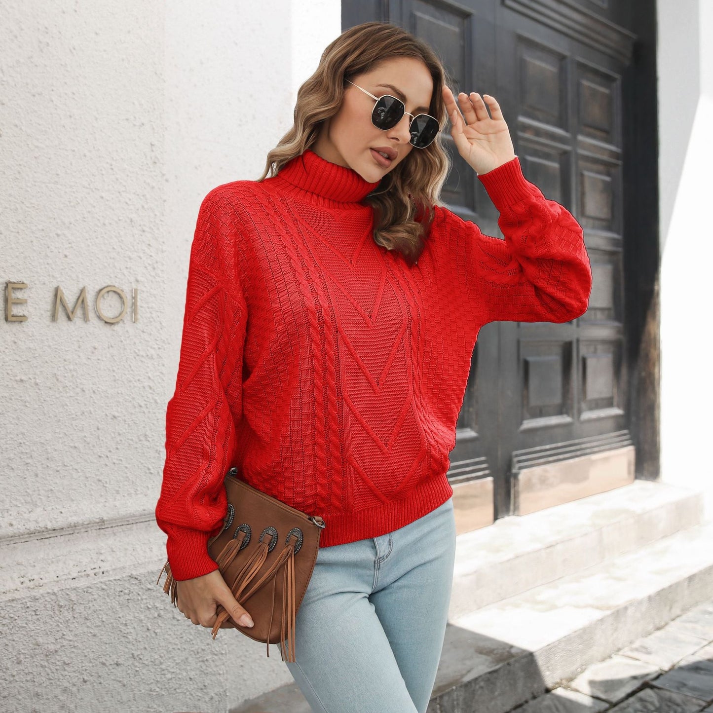 Damen Strickpullover Zopfmuster Rollkragen Elegante Damenkleidung