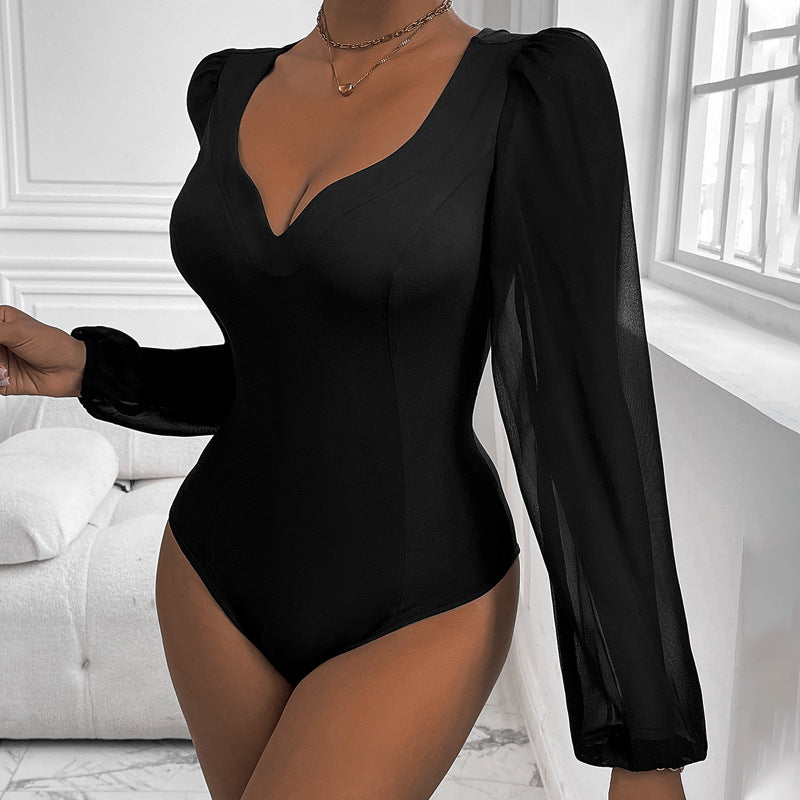Damen Body Romantisch Puffärmel V-Ausschnitt - IdealeKleiden
