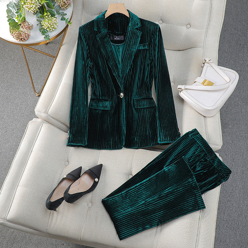 Damen Business Anzug Set mit Langem Samt Blazer