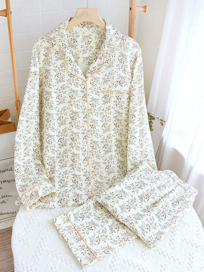 Damen Pyjama Set Blumenmuster Knopfhemd