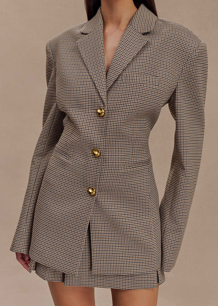 Elegantes Damenkleid Set Karo Blazer