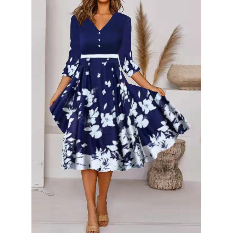 Damen Midi-Kleid V-Ausschnitt Blumenmuster Elegant