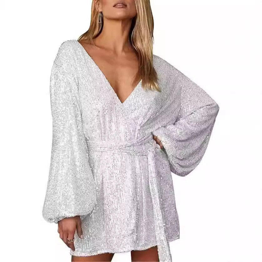 Damen Abendkleid Glitzer V-Ausschnitt Elegant
