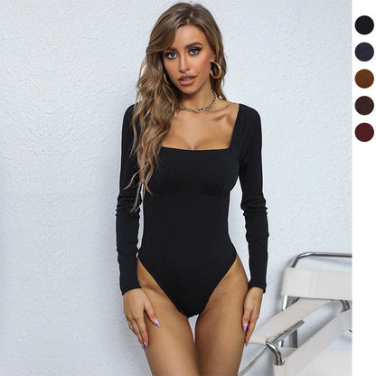 Damen Langarm-Body Elegant Gerader Ausschnitt - IdealeKleiden