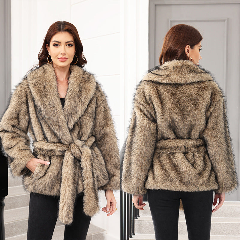 Damen Kunstpelz Mantel Chic mit Gürtel und Weitem Kragen