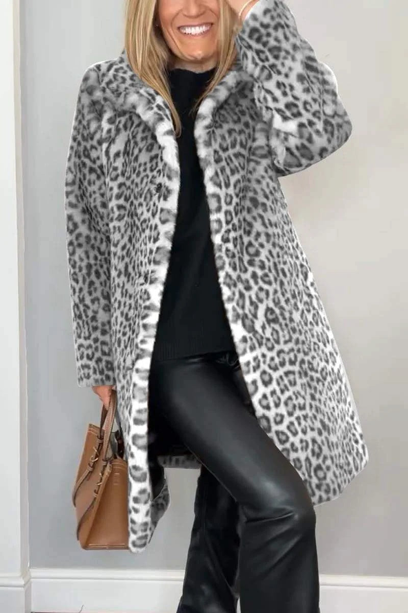 Mantel Damen Oversized Kunstpelz Leopardenmuster