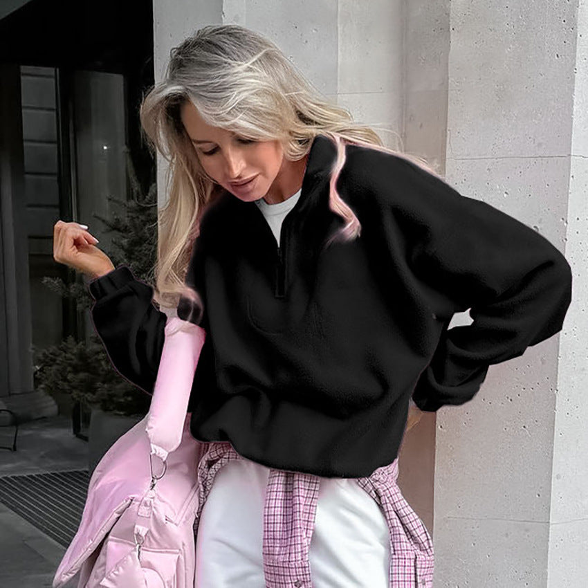 Damen Fleece Pullover Kurz Reißverschluss Modern Style