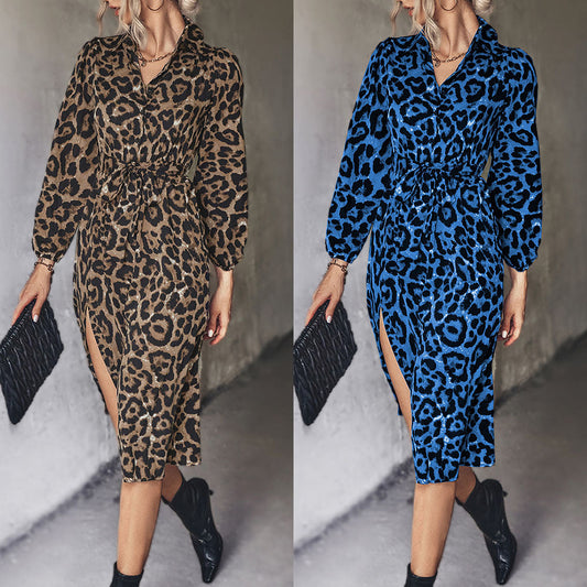 Damen Leopardenkleid Midi Elegant Schlitz Design - IdealeKleiden
