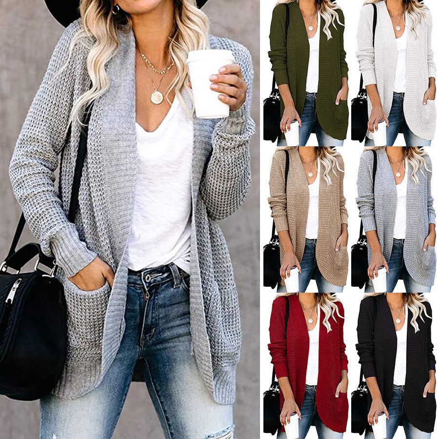 Damen Strickjacke Lässig Offene Front mit Taschen - IdealeKleiden