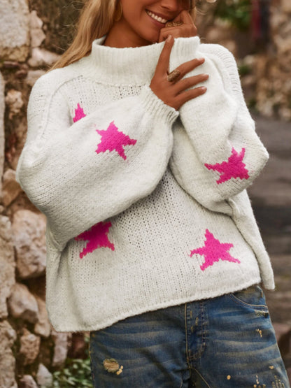 Damen Roller Pullover Sternen Muster Trendy