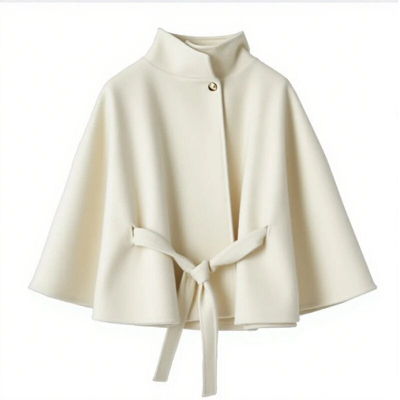 Damen Umhangjacke Elegant Bindegürtel Hochschloss