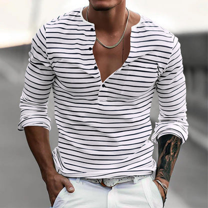 Herren Langarmshirt Streifenmuster Modern Knopfverschluss