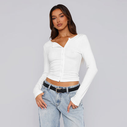 Damen Langarmshirt Figurbetont Elegant Knöpfe
