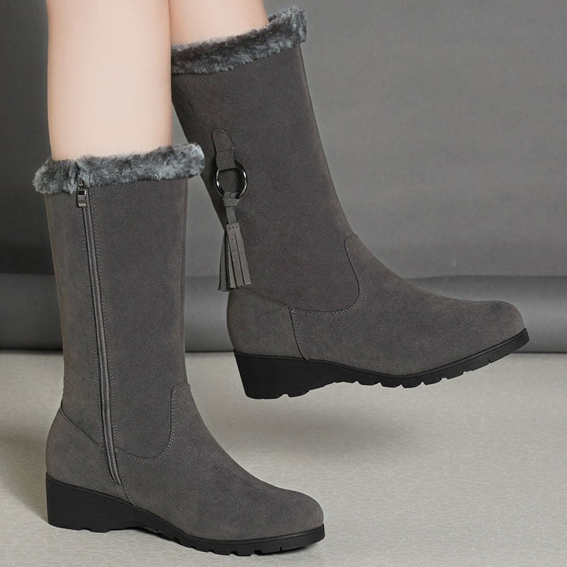 Stiefel Wildlederoptik Wadenhoch Niedriger Absatz