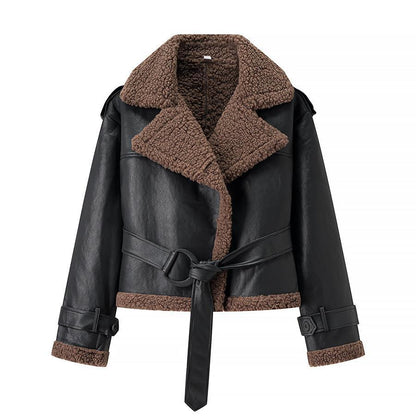 Damen Lederjacke Teddyfutter Elegant Tailliert