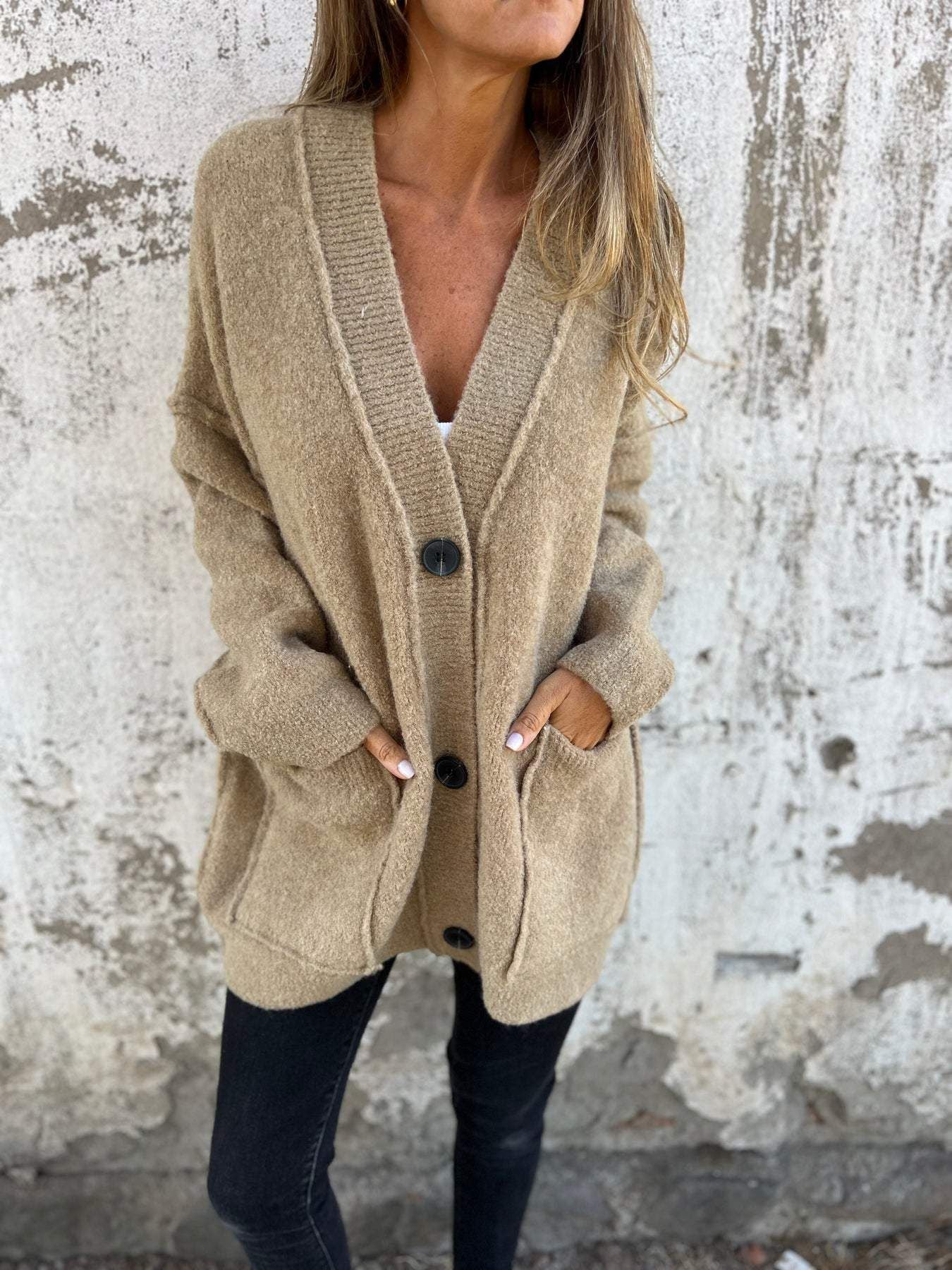 Damen Strickjacke Weich Große Taschen Knöpfe