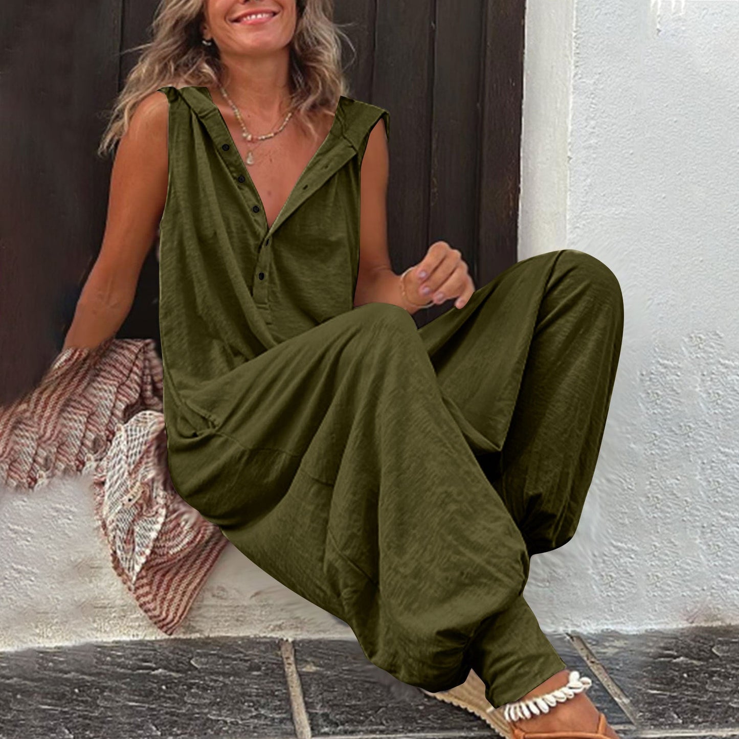 Damen Jumpsuit Casual Kapuze Knopfverschluss