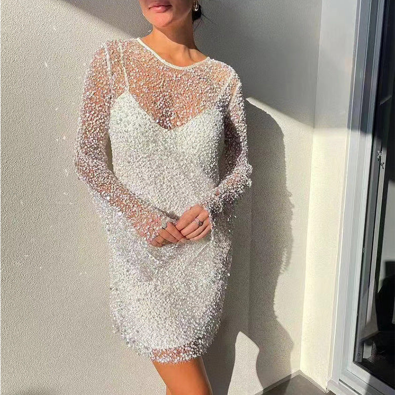 Glitzerndes Abendkleid Damen Elegant Pailletten Langärmlig