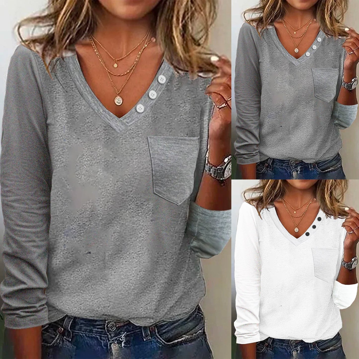 Damen Langarmshirt Elegante Bluse Mit Brusttasche - IdealeKleiden