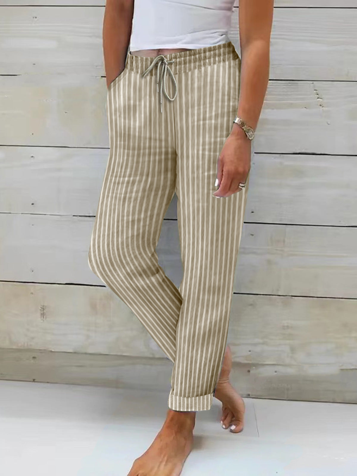 Damen Bequeme Baumwollhose Streifenmuster Flexibler Bund