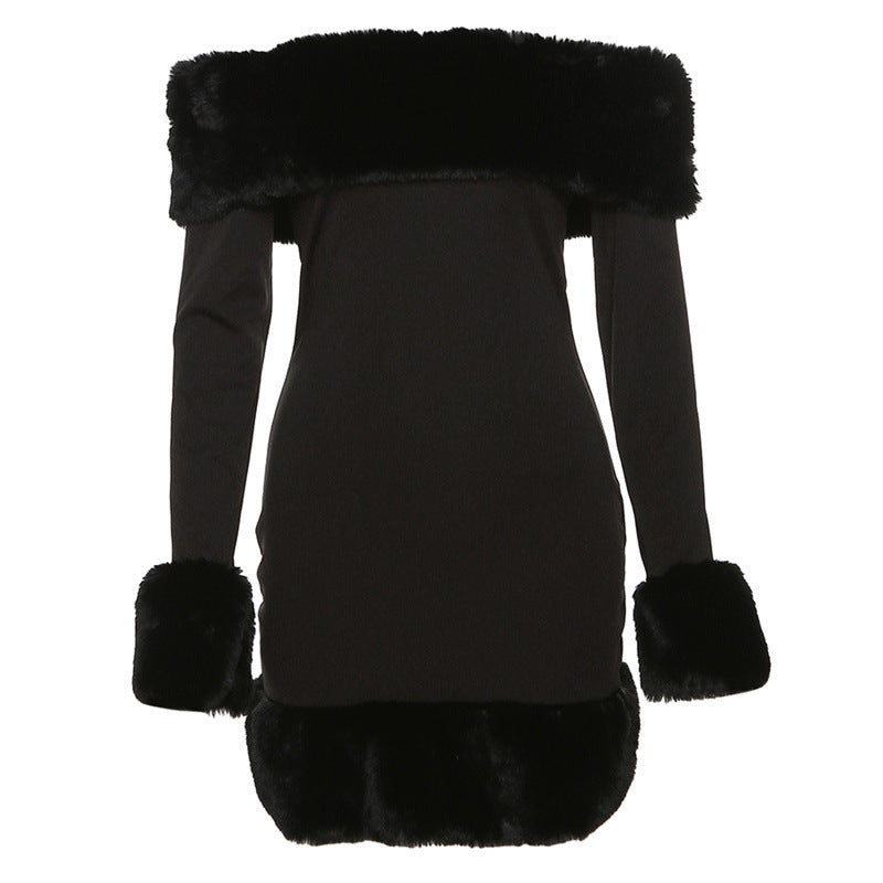 Damen Winterkleid Langarm Kuschelpelz Kragen